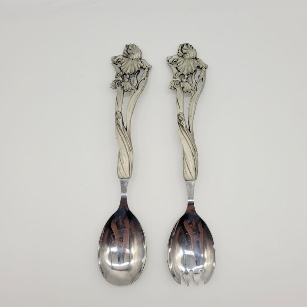 NIB Vintage 1994 Seagull Pewter Canada Sheffield England Iris Salad Serving Set - Picture 2 of 11
